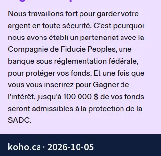 Screenshot of the page koho.ca: partnership with Peoples Trust Company; up to $100,000 eligible for CDIC protection with Earn Interest.