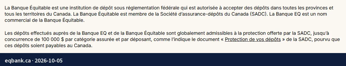 Screenshot of the page eqbank.ca: Equitable Bank, a CDIC member; deposits eligible up to $100,000 per insured category, per depositor.